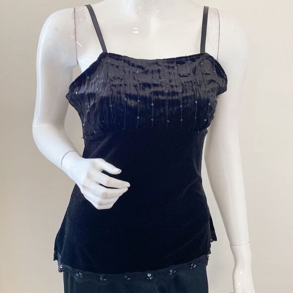 Y2K Vintage No Boundaries Stretch Black Velvet Tank Top w Sequin & Lace Details - Picture 5 of 8